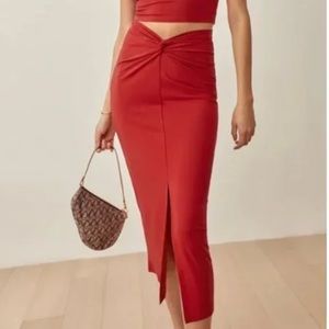 Reformation | Rylan Twist Knit Cherry Red Midi Skirt